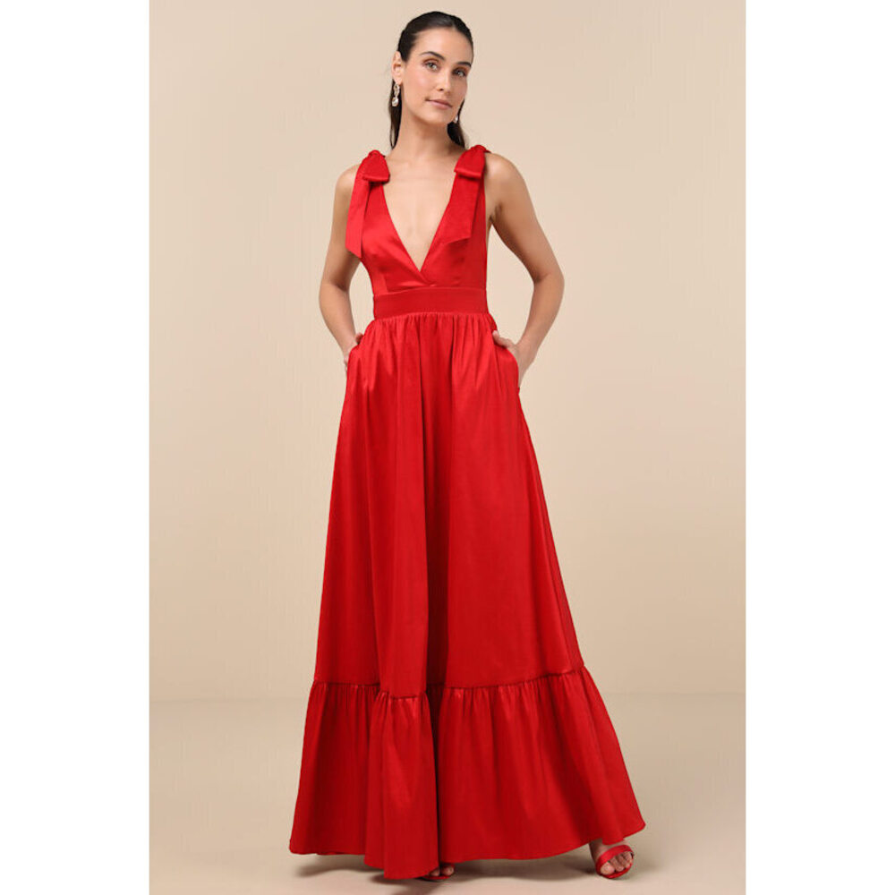 Lulus Rare Charm Red Taffeta Tie-strap Maxi Dress With Pockets - Size S